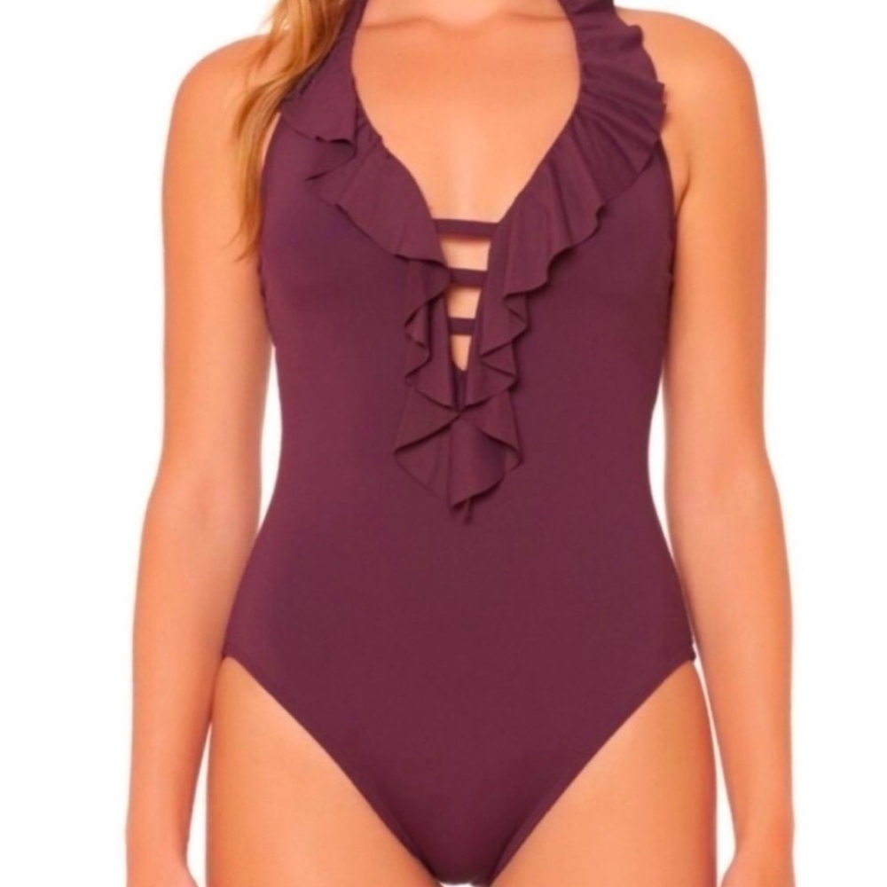 BLEU Rod Beattie Plum Ruffle Plunging Halter Swimsuit